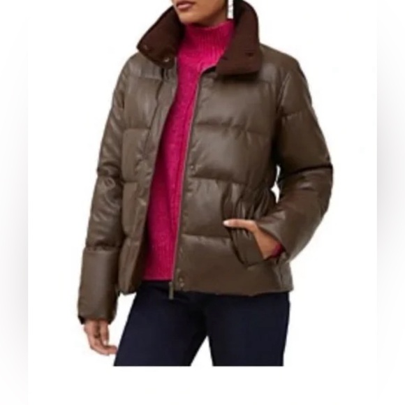 FRENCH CONNECTION Faux Leather Brown Puffer Jacket NWT Side Pockets Size XS - Picture 2 of 8